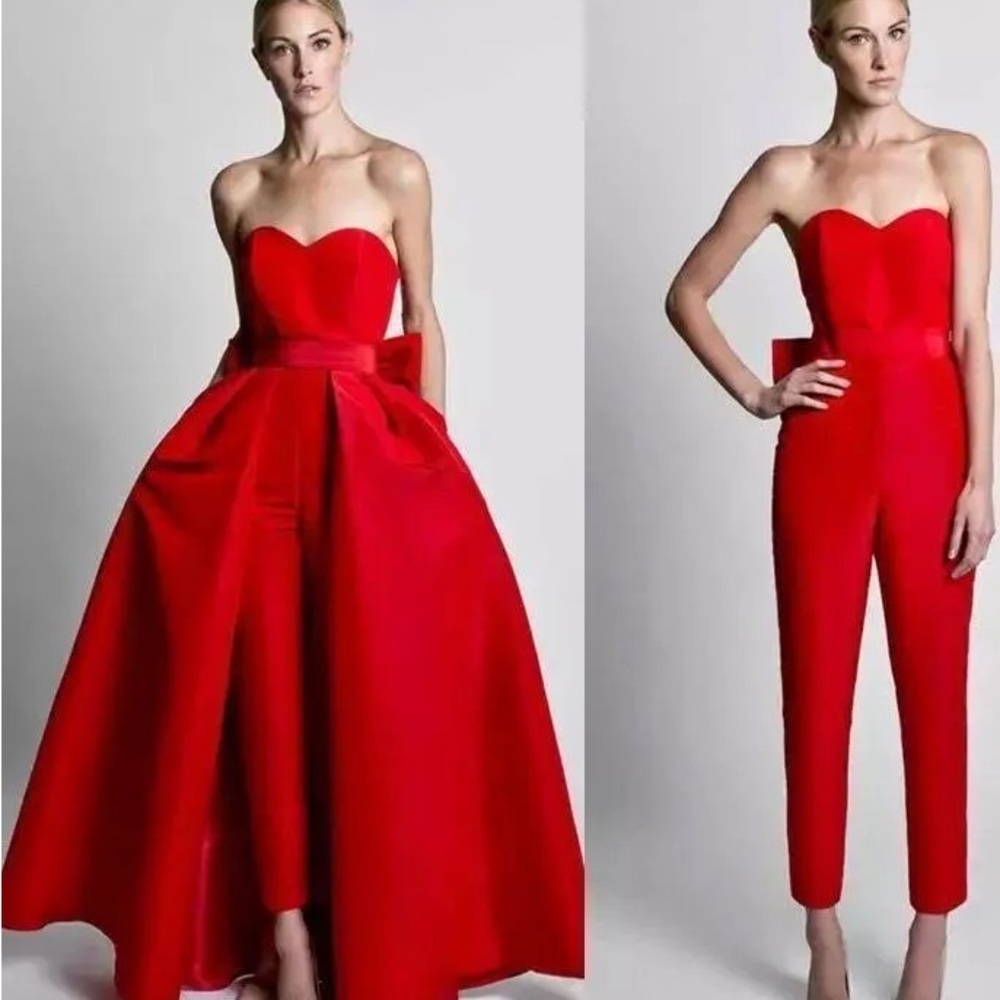 Chic Strapless Red Jumpsuit with Flowing Overlay